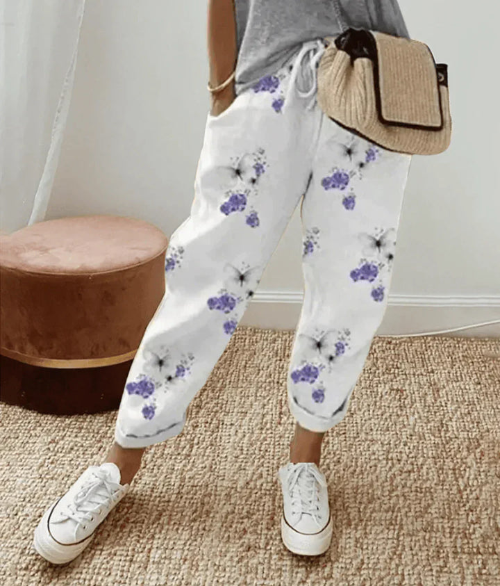 Damen Mühelose Leinenhose in Blumenmuster