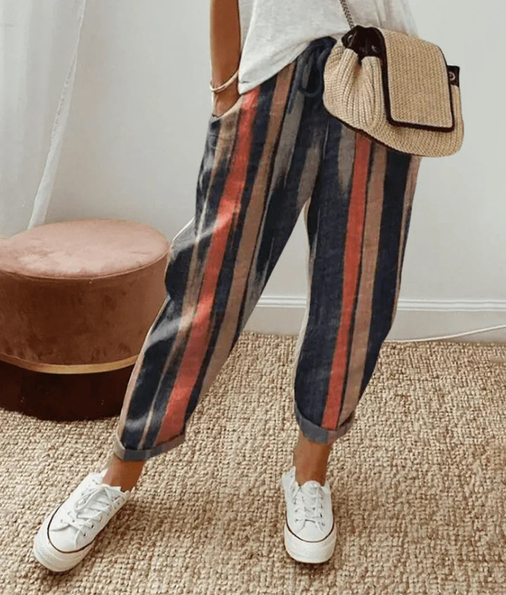 Damen Mühelose Leinenhose in Gestreift