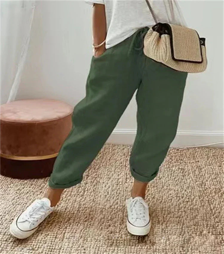 Damen Mühelose Leinenhose in Grün