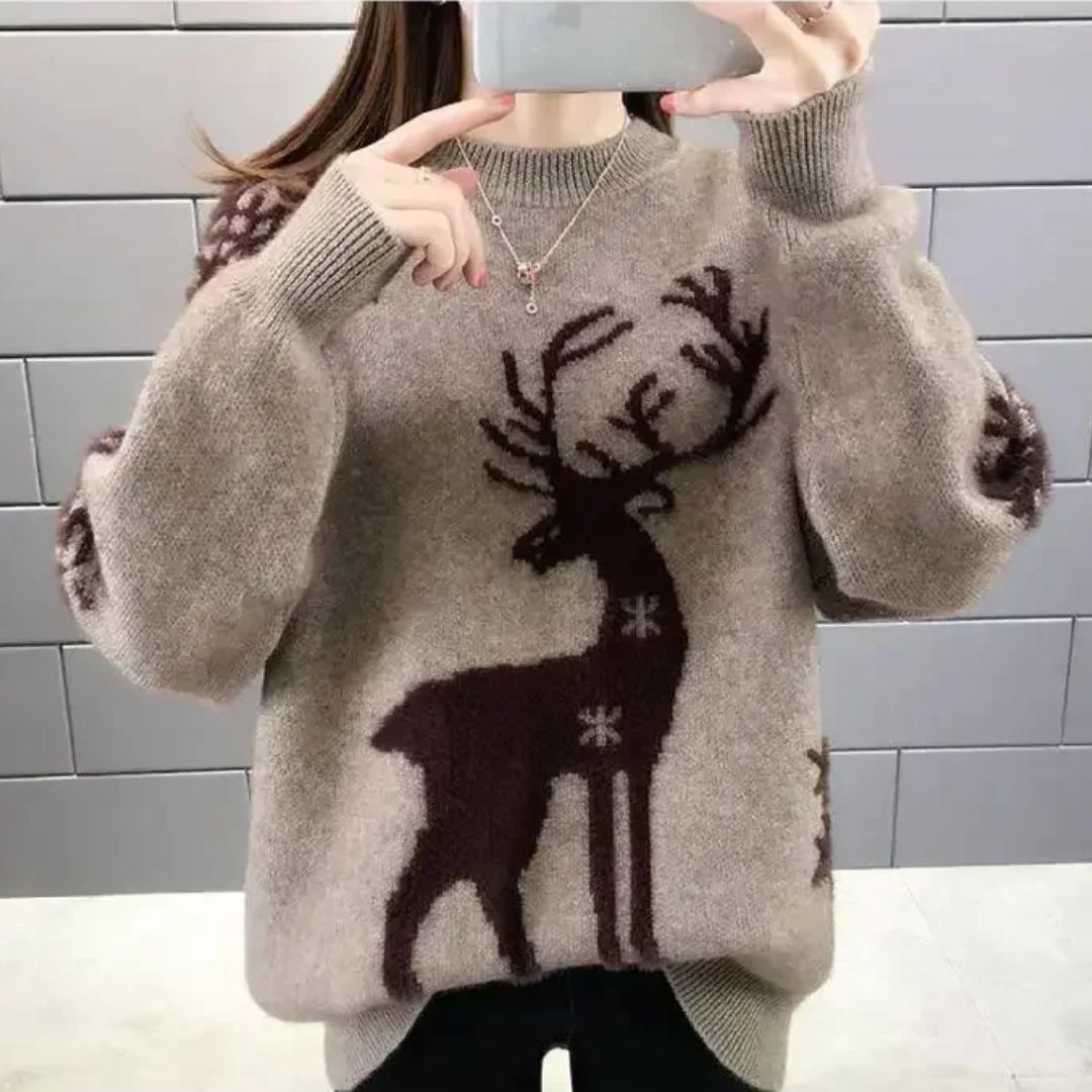 Damen Norweger Pullover mit Rentiermuster in Braun