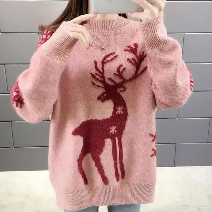 Damen Norweger Pullover mit Rentiermuster in Rosa