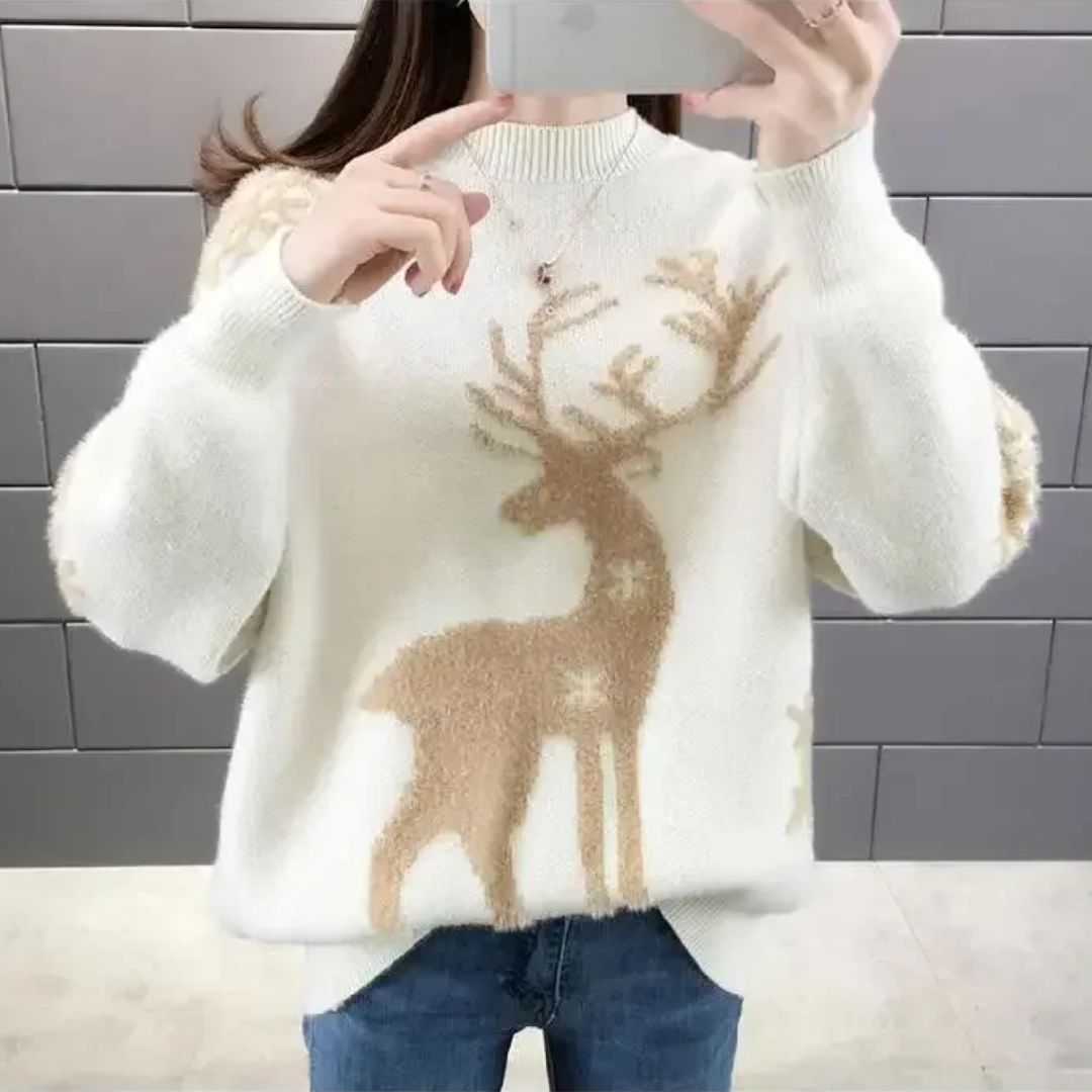 Damen Norweger Pullover mit Rentiermuster in Weiß