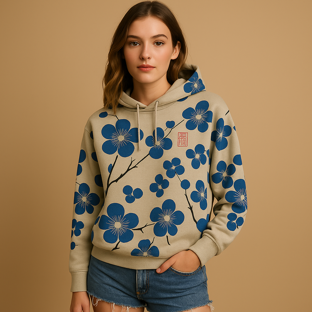 Damen Oversize-Strickjacke mit Kapuze und Print in Blau