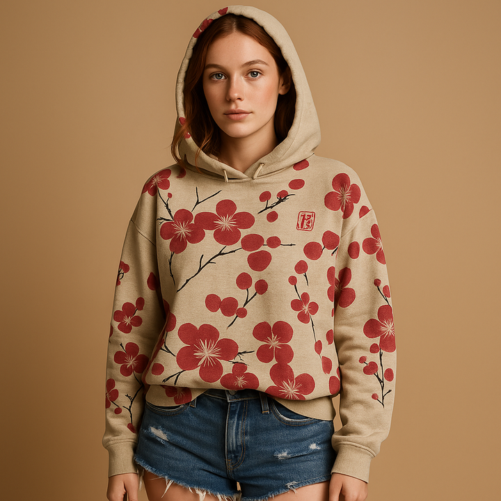 Damen Oversize-Strickjacke mit Kapuze und Print in Rot