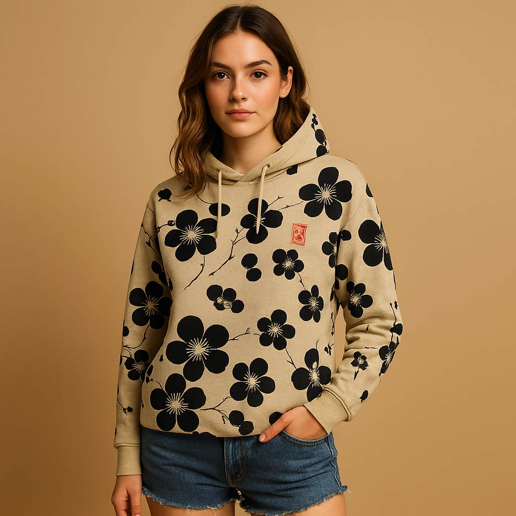 Damen Oversize-Strickjacke mit Kapuze und Print in Schwarz