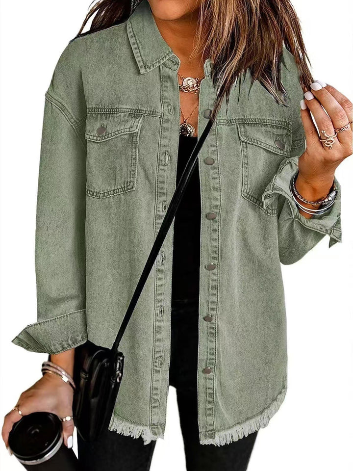 Damen Oversized Jeansjacke zum Schichten in Olivgrün