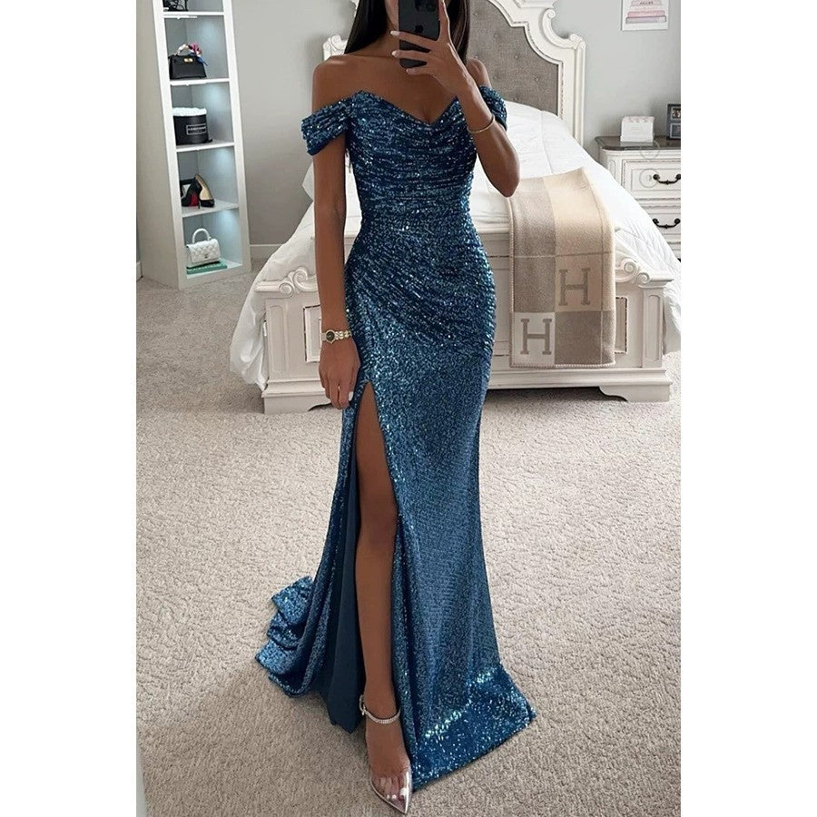 Damen Pailletten Kleid für Hochzeitsgäste in Peacock Blue