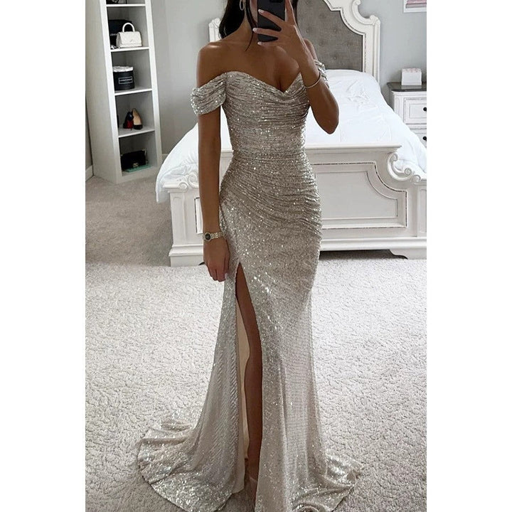 Damen Pailletten Kleid für Hochzeitsgäste in Silberfarben