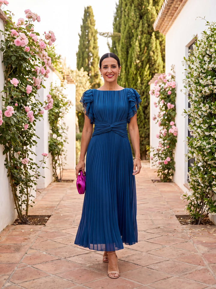 Damen Plissee Maxikleid für Hochzeitsgäste in Blau