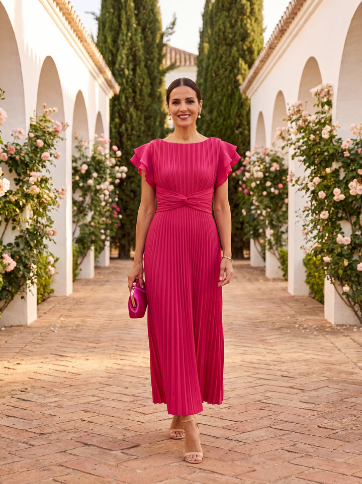 Damen Plissee Maxikleid für Hochzeitsgäste in Rosa