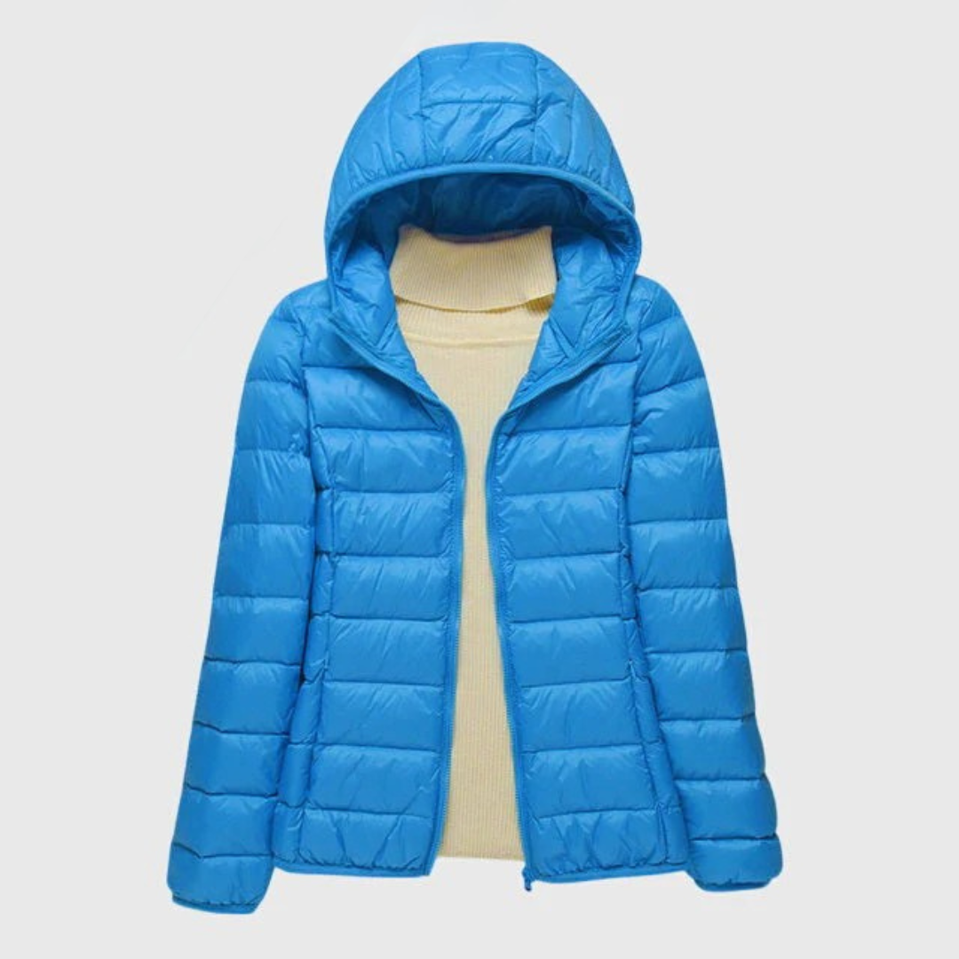 Damen Pufferjacke mit Wickelfront und hohem Kragen in Blau