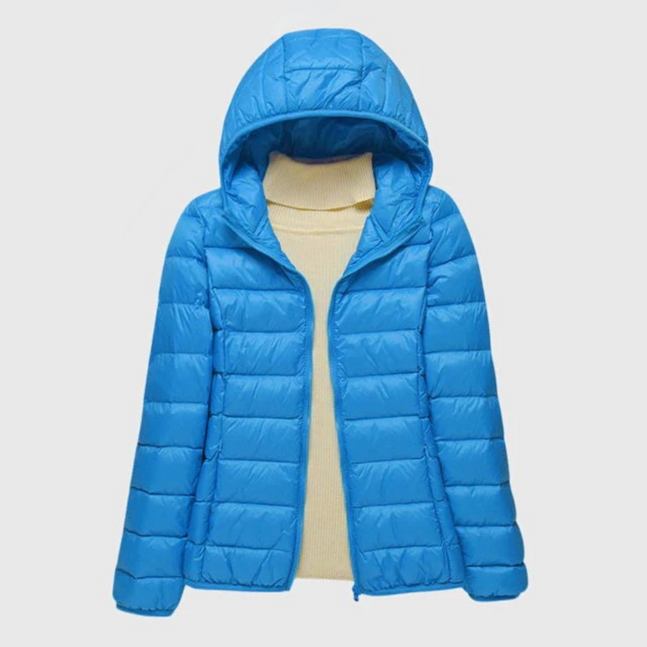 Damen Pufferjacke mit Wickelfront und hohem Kragen in Blau