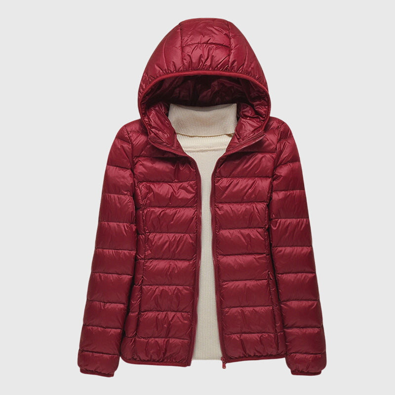 Damen Pufferjacke mit Wickelfront und hohem Kragen in Bordeaux