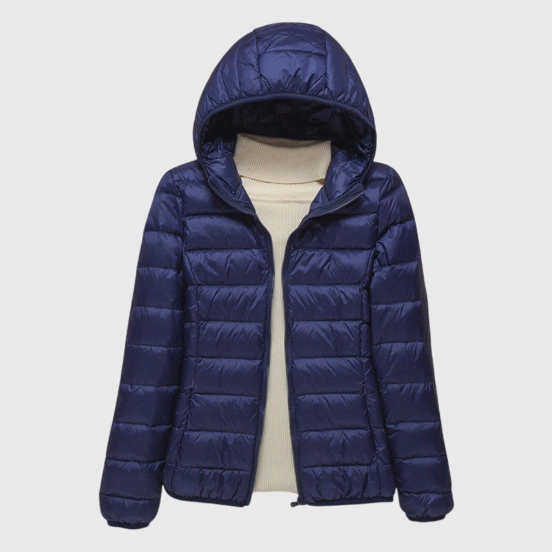 Damen Pufferjacke mit Wickelfront und hohem Kragen in Dunkelblau