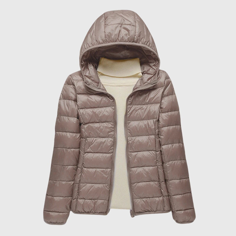 Damen Pufferjacke mit Wickelfront und hohem Kragen in Khaki