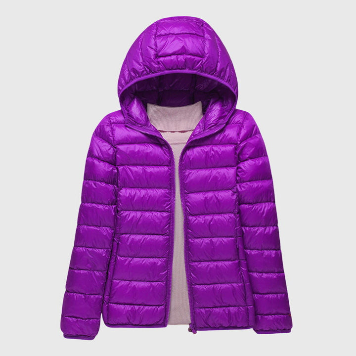 Damen Pufferjacke mit Wickelfront und hohem Kragen in Lila