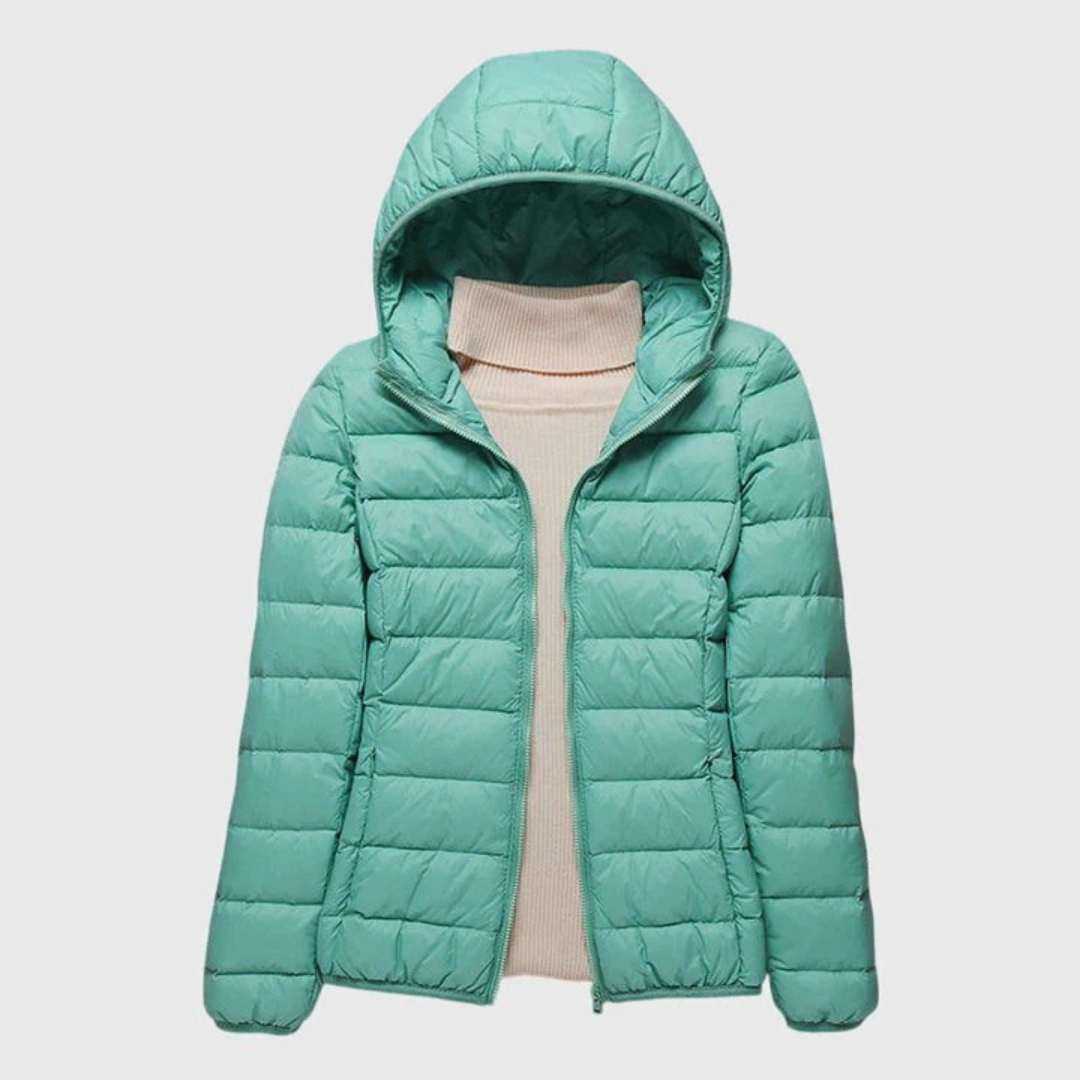 Damen Pufferjacke mit Wickelfront und hohem Kragen in Turquoise