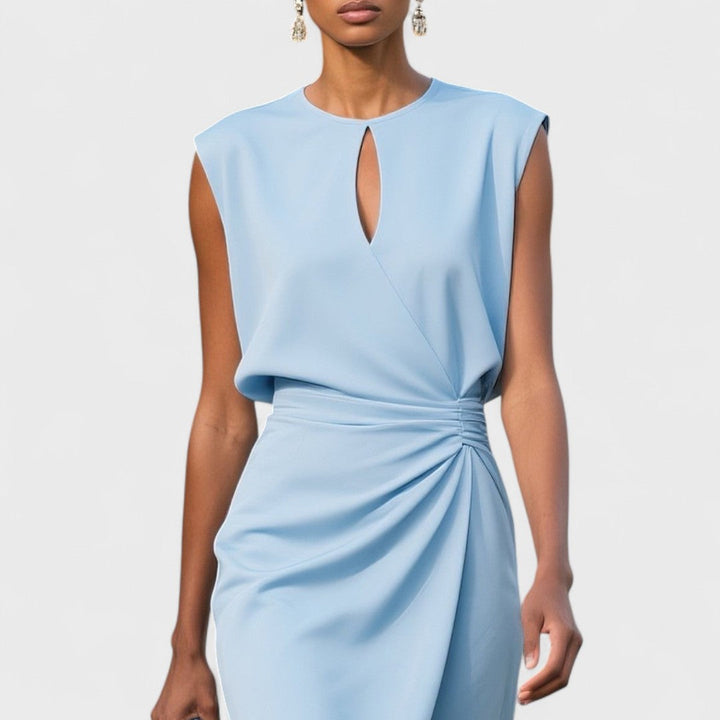 Damen raffiertes Midikleid mit Schlüsselloch-Ausschnitt für Hochzeitsgäste (5)
