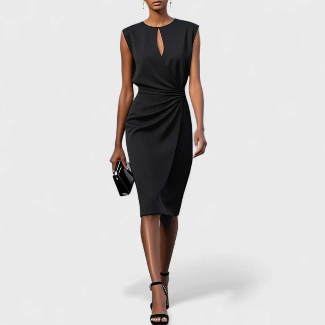 Damen raffiertes Midikleid mit Schlüsselloch-Ausschnitt für Hochzeitsgäste in Schwarz