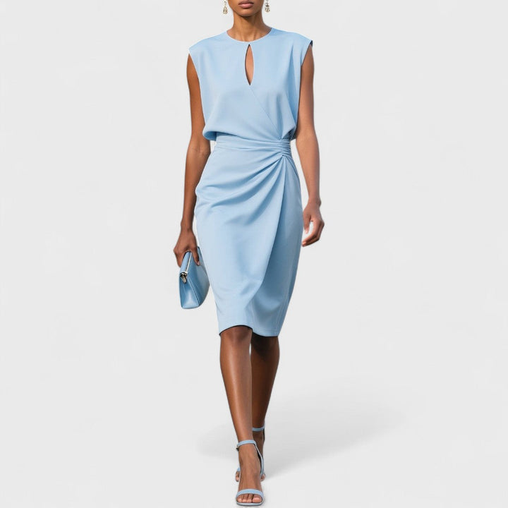 Damen raffiertes Midikleid mit Schlüsselloch-Ausschnitt für Hochzeitsgäste in Sky Blue