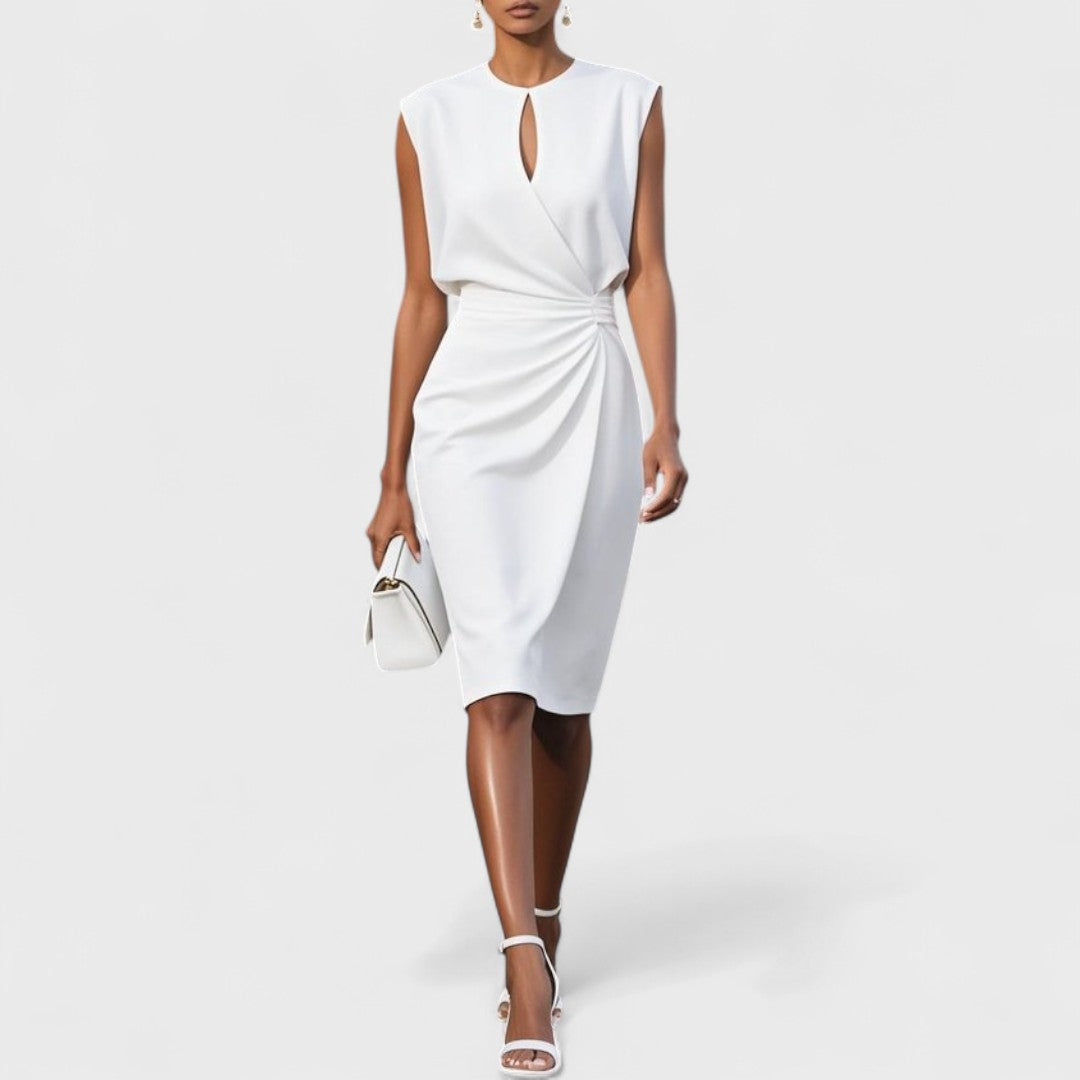Damen raffiertes Midikleid mit Schlüsselloch-Ausschnitt für Hochzeitsgäste in Weiß