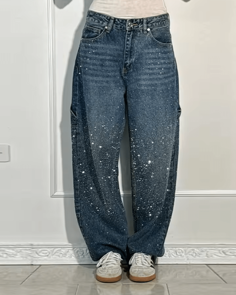 Damen Retro-Hose im Jeans-Stil mit Glanzeffekt in Dunkelblau