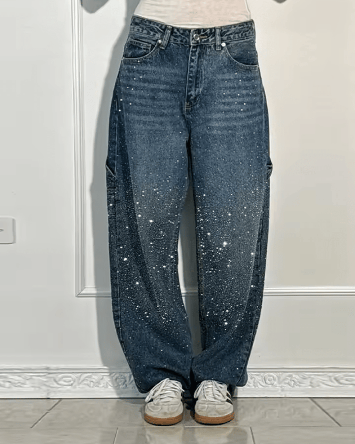 Damen Retro-Hose im Jeans-Stil mit Glanzeffekt in Dunkelblau