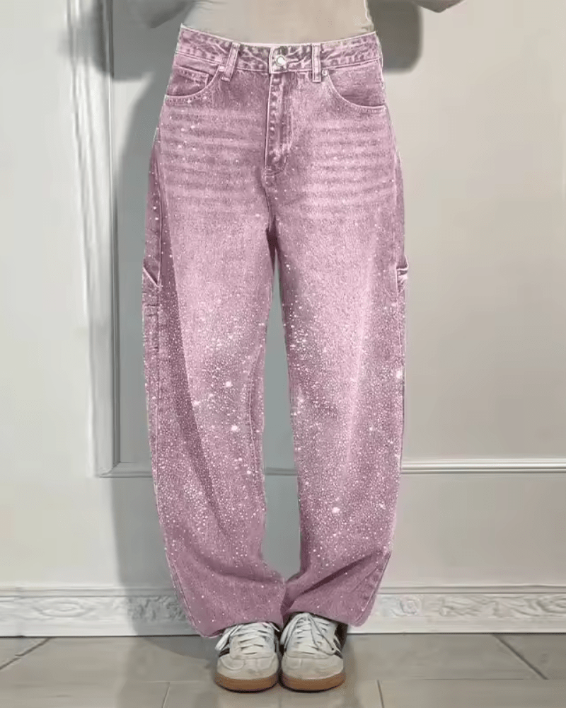Damen Retro-Hose im Jeans-Stil mit Glanzeffekt in Rosa