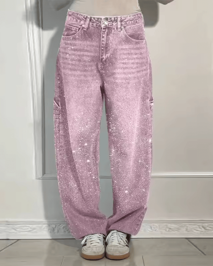 Damen Retro-Hose im Jeans-Stil mit Glanzeffekt in Rosa