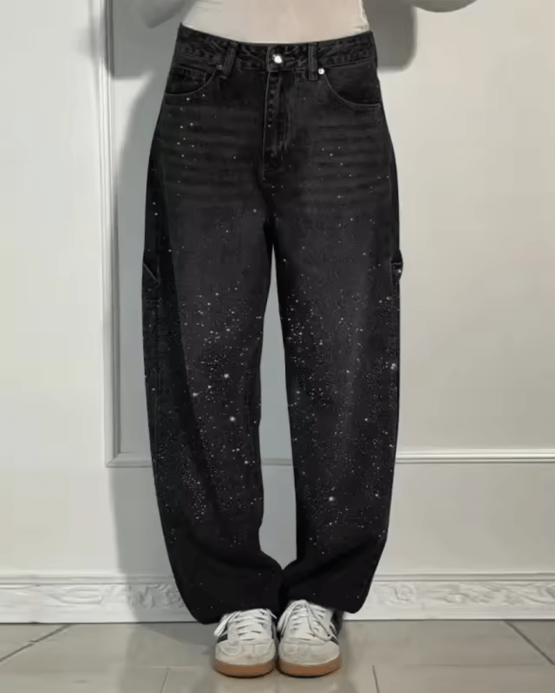 Damen Retro-Hose im Jeans-Stil mit Glanzeffekt in Schwarz
