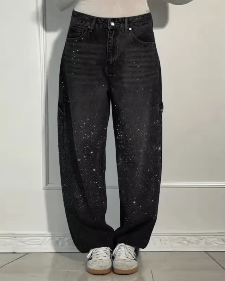 Damen Retro-Hose im Jeans-Stil mit Glanzeffekt in Schwarz