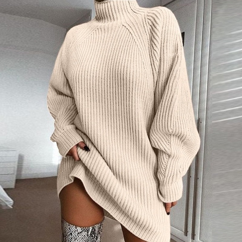 Damen Rollkragen Strickkleid in Minilänge in Beige