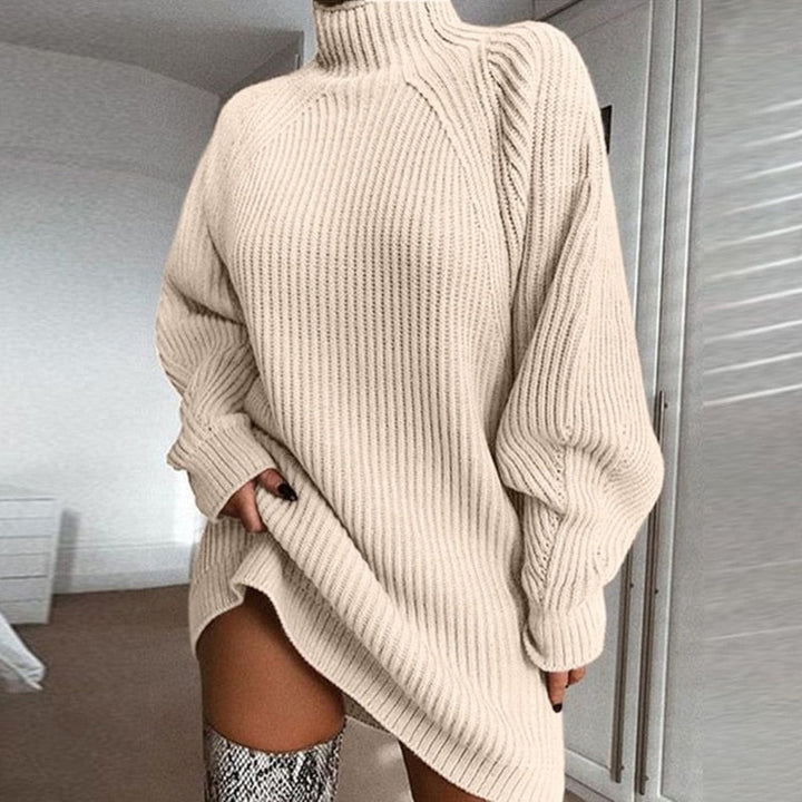 Damen Rollkragen Strickkleid in Minilänge in Beige