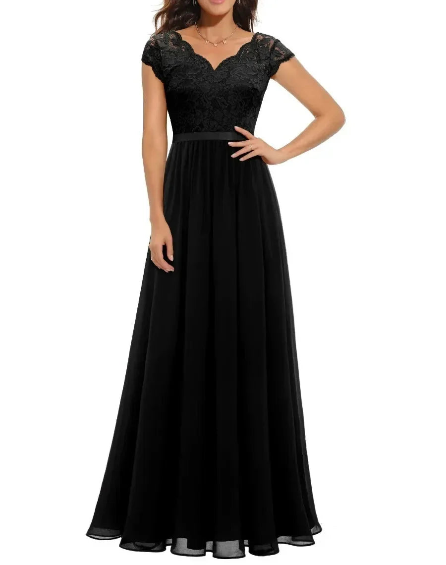 Damen Romantisches Maxikleid mit Spitze für Hochzeitsgäste in Schwarz