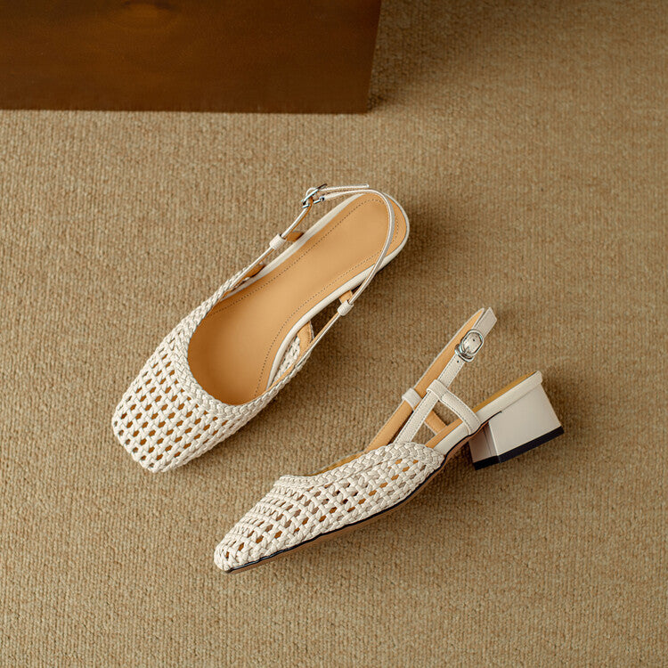 Damen Sandalen mit Geflecht und Blockabsatz in Creme