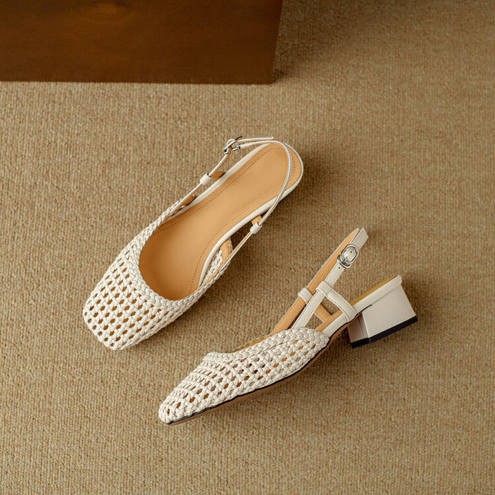 Damen Sandalen mit Geflecht und Blockabsatz in Creme