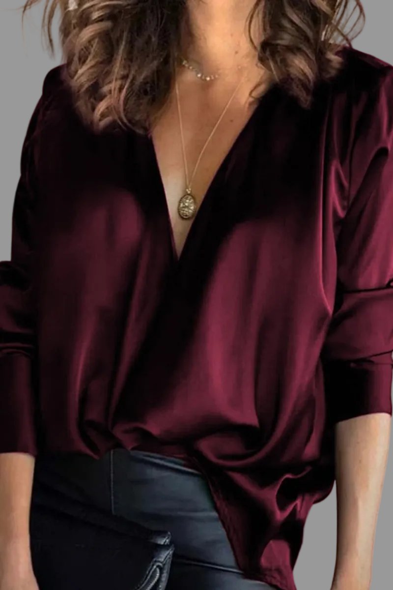 Damen Satin Bluse mit Langarm zum Abend in Bordeaux