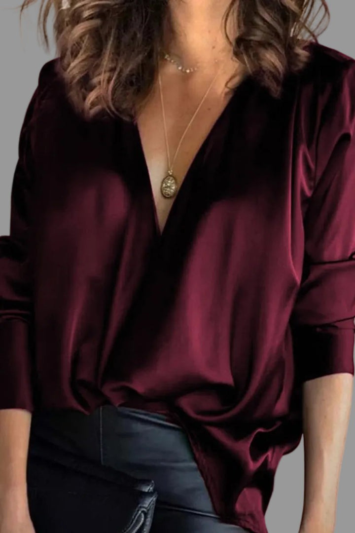 Damen Satin Bluse mit Langarm zum Abend in Bordeaux