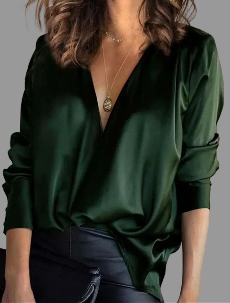 Damen Satin Bluse mit Langarm zum Abend in Grün