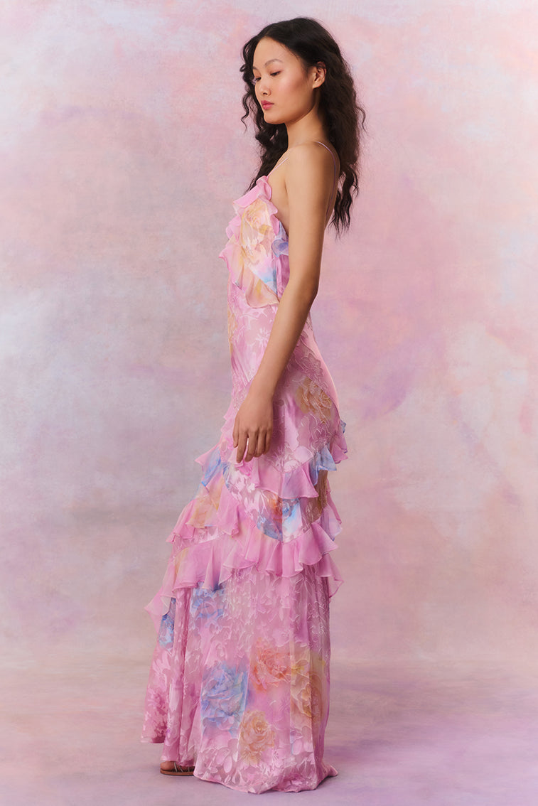 Damen Sommer Maxikleid mit zartem Blumenmuster und Rüschchen für Hochzeitsgäste (12)