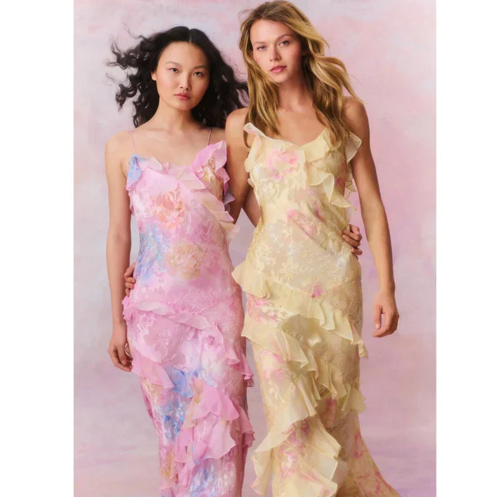 Damen Sommer Maxikleid mit zartem Blumenmuster und Rüschchen für Hochzeitsgäste (13)
