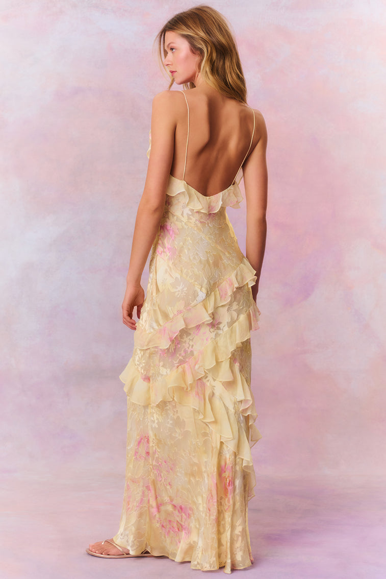 Damen Sommer Maxikleid mit zartem Blumenmuster und Rüschchen für Hochzeitsgäste (5)