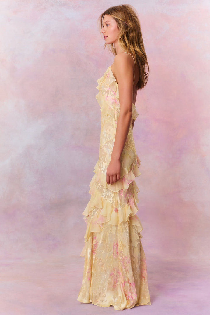 Damen Sommer Maxikleid mit zartem Blumenmuster und Rüschchen für Hochzeitsgäste (6)