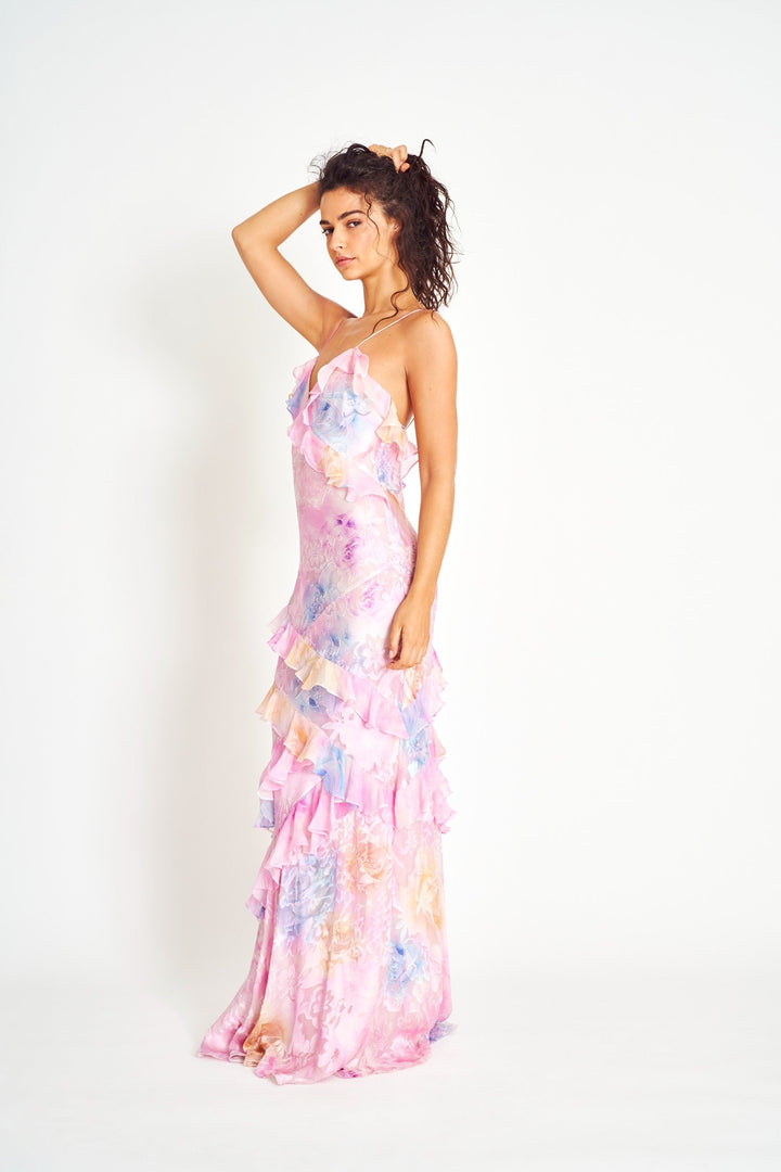 Damen Sommer Maxikleid mit zartem Blumenmuster und Rüschchen für Hochzeitsgäste (8)