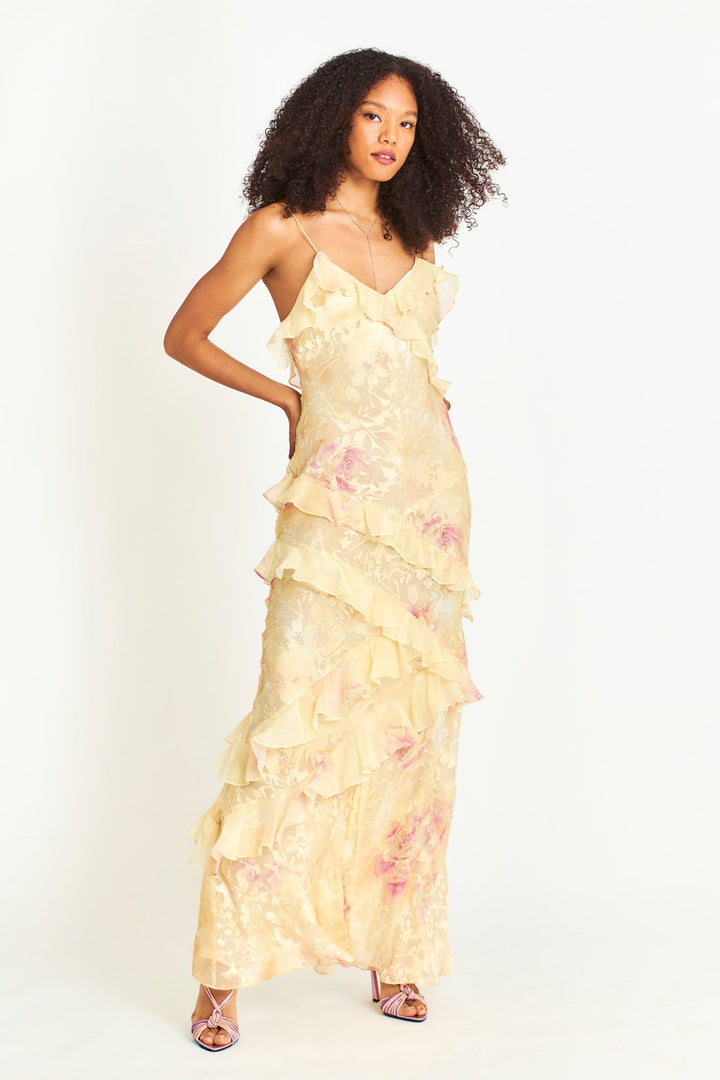 Damen Sommer Maxikleid mit zartem Blumenmuster und Rüschchen für Hochzeitsgäste in Gelb