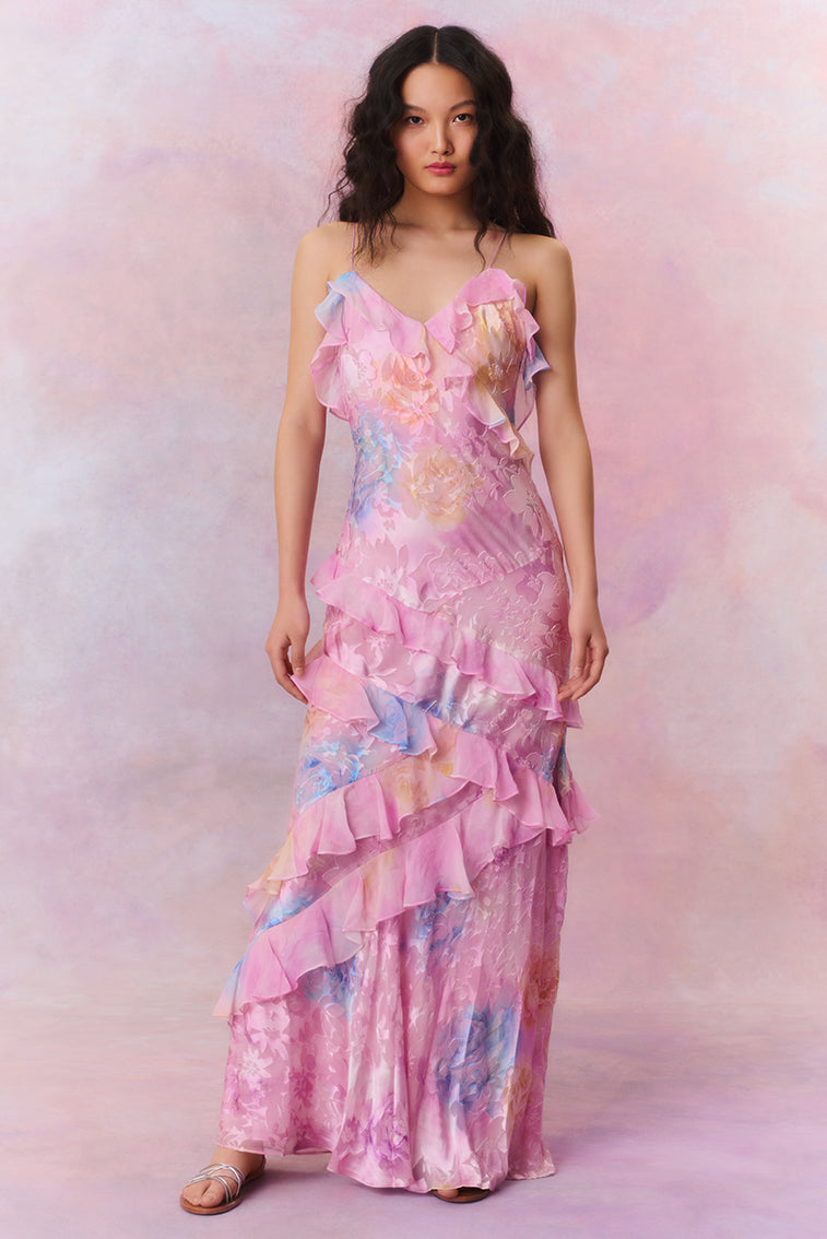 Damen Sommer Maxikleid mit zartem Blumenmuster und Rüschchen für Hochzeitsgäste in Rosa
