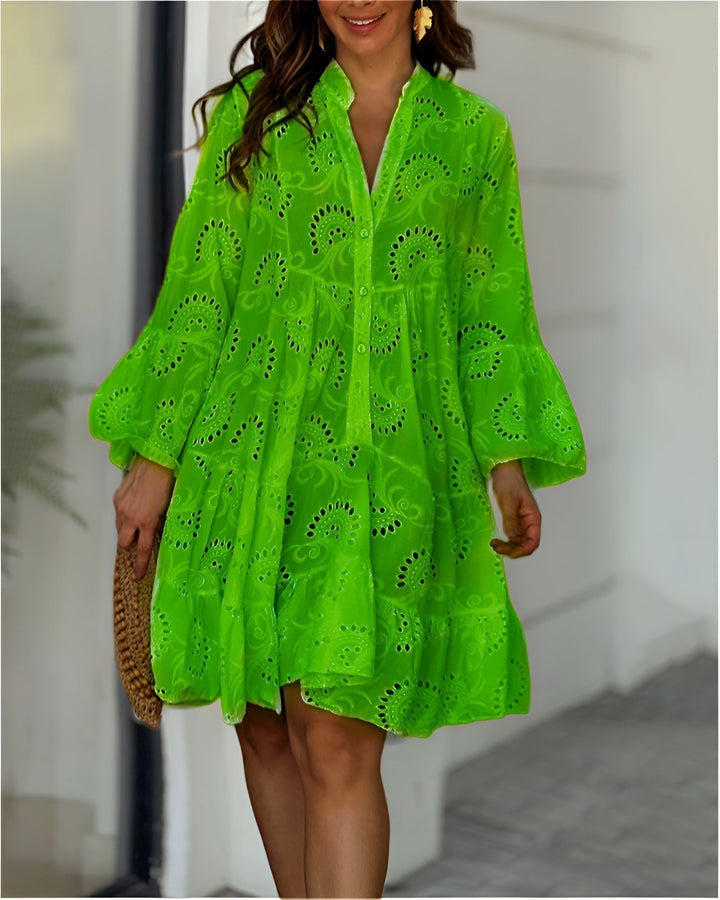 Damen Sommerkleid im Boho-Stil mit Lochstickerei in Grün