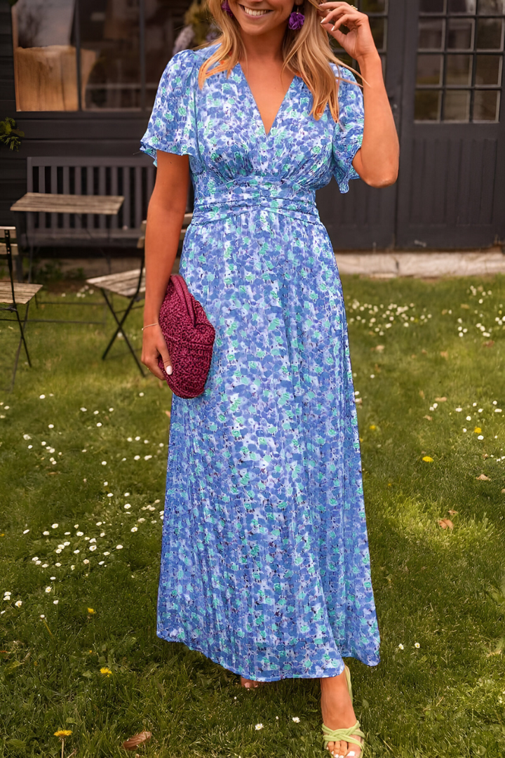 Damen Sommerkleid in Maxilänge mit Blumenmuster in Blau