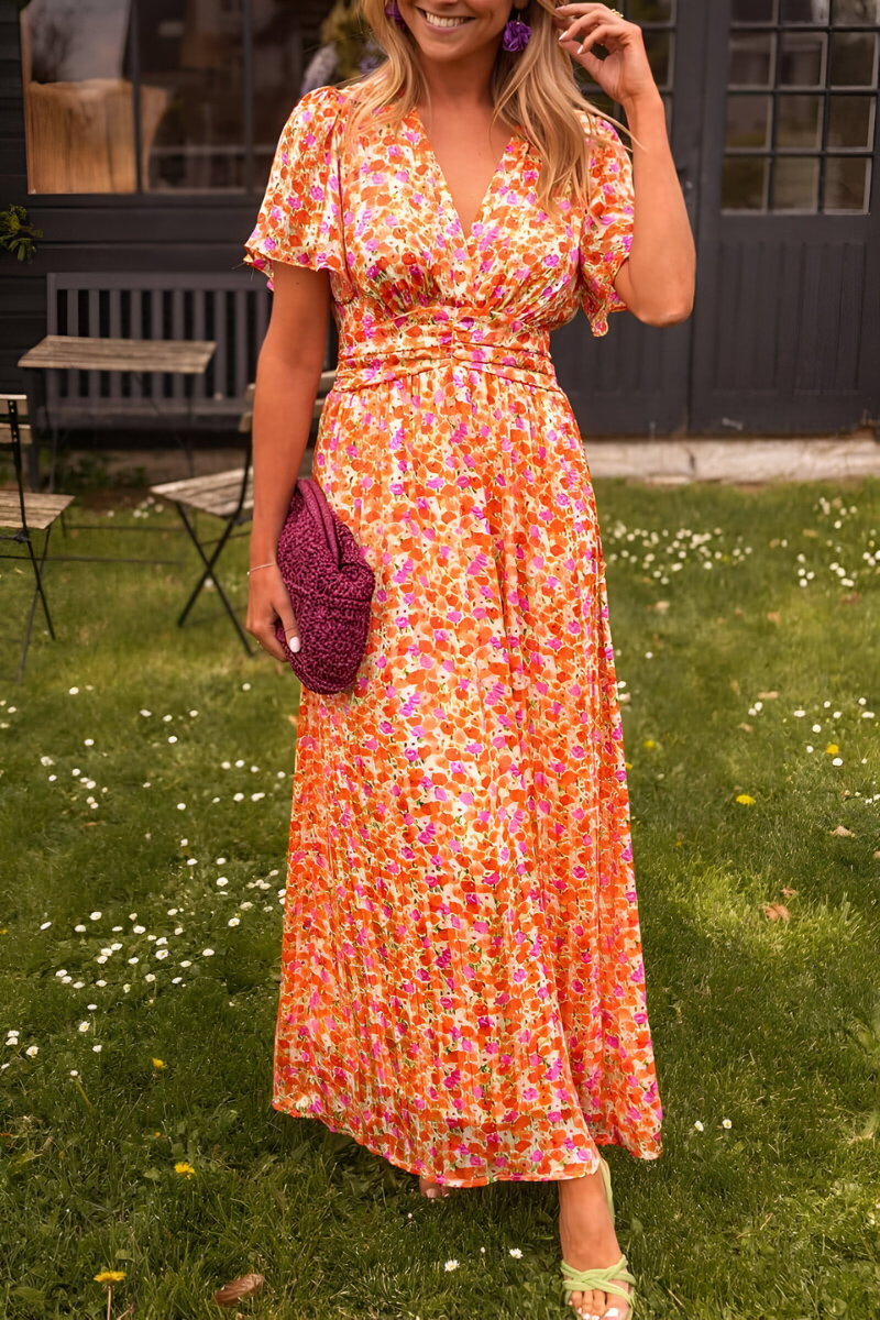 Damen Sommerkleid in Maxilänge mit Blumenmuster in Orange 1