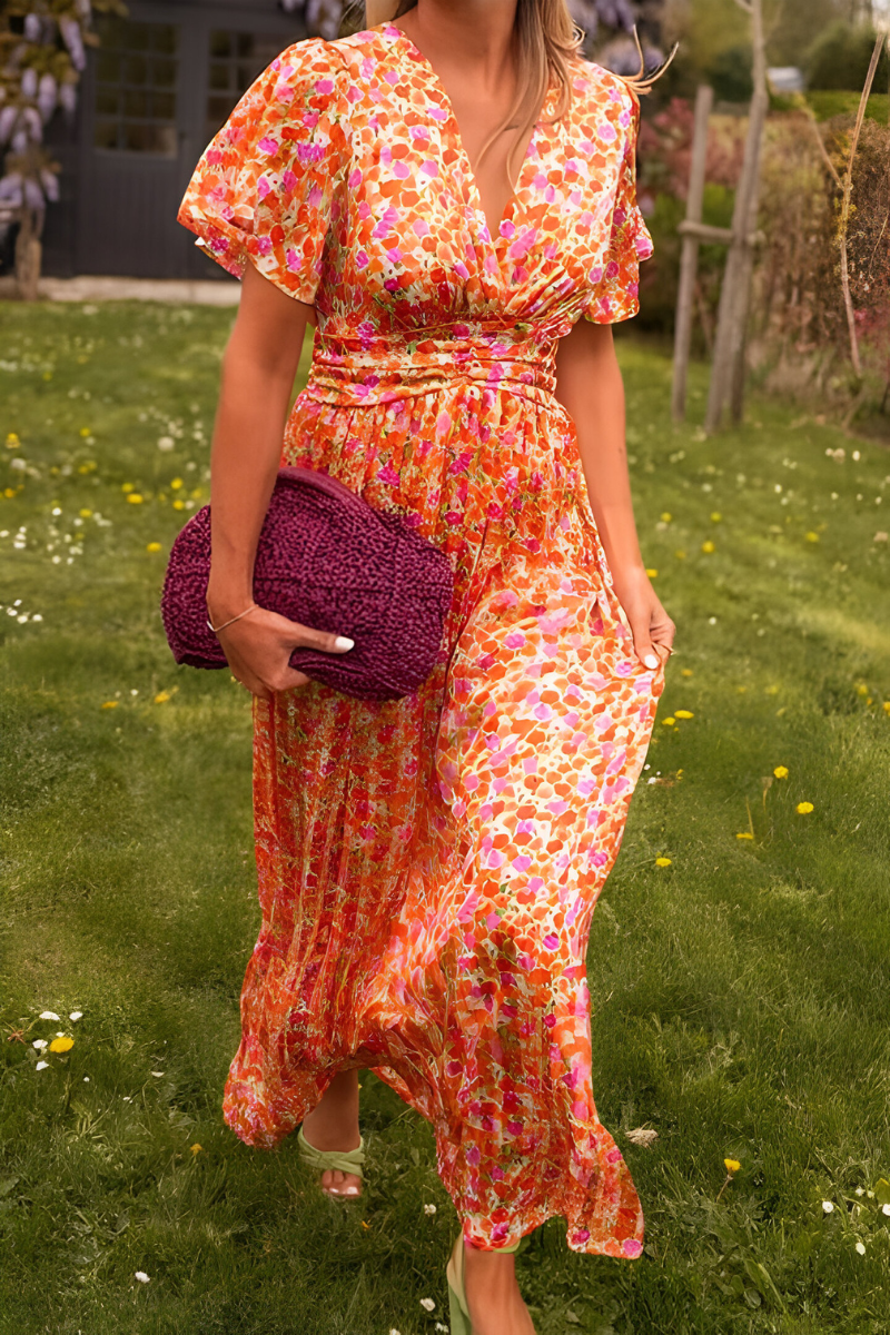 Damen Sommerkleid in Maxilänge mit Blumenmuster in Orange 2
